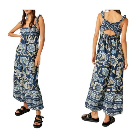 Free People Pants - Free People Bali Albright Floral Cotton Jumpsuit Navy Size Medium NWT $148 MSRP